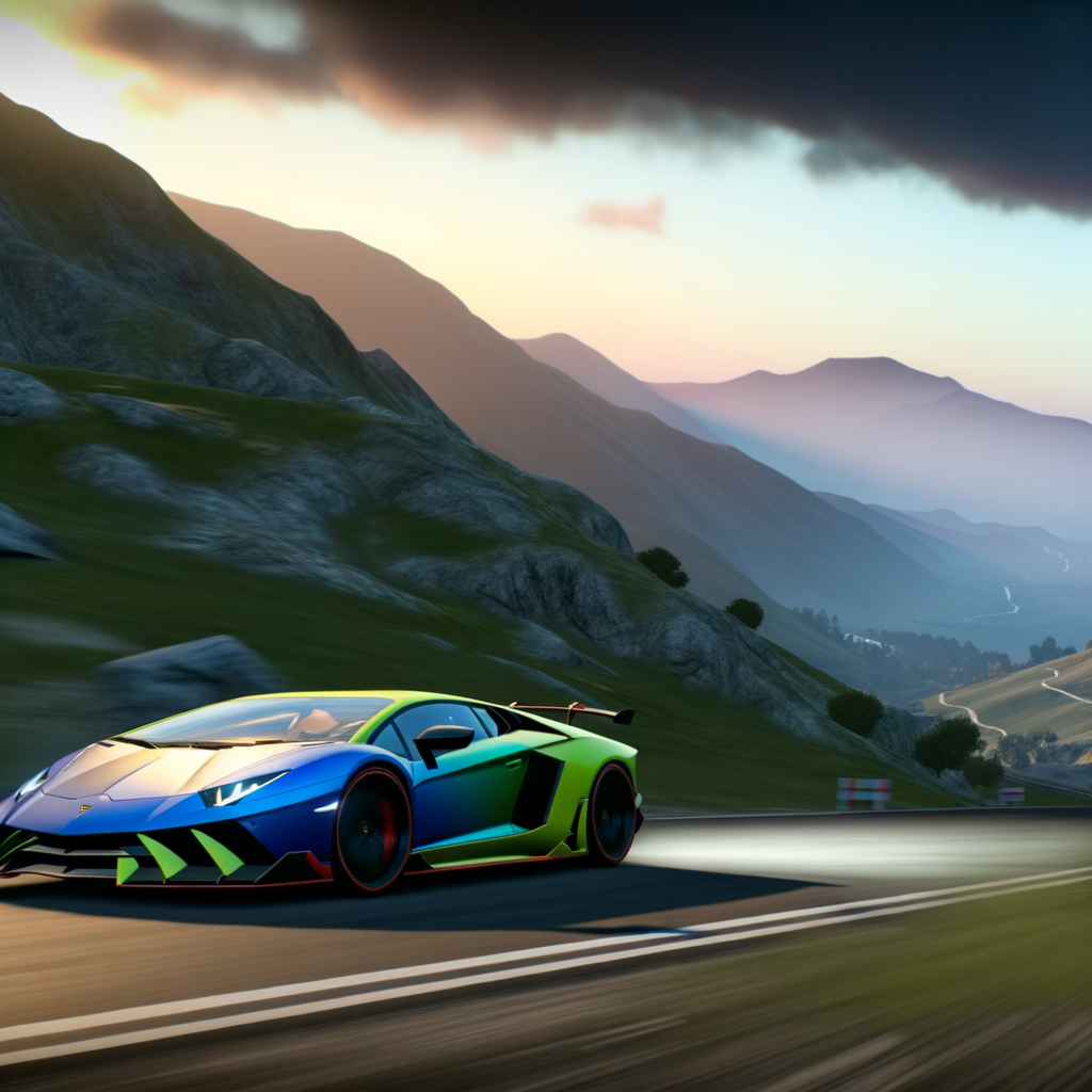 A Lamborghini supercar racing through mountains.