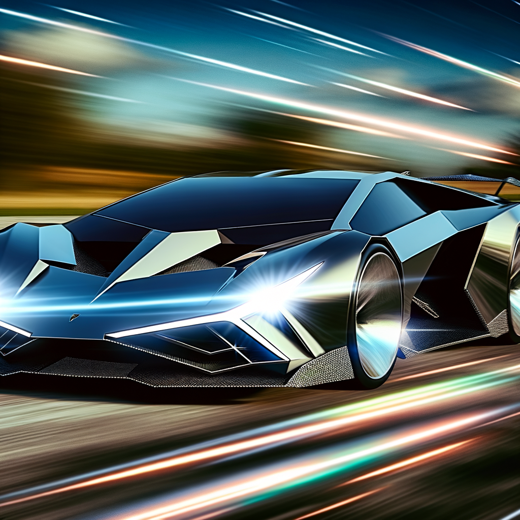 A sleek, futuristic Lamborghini supercar accelerating.