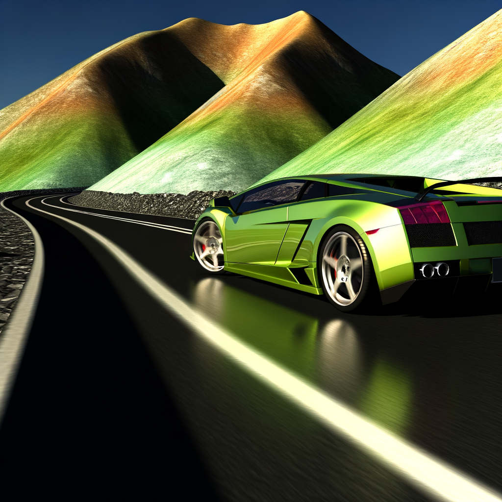 A sleek Lamborghini speeding through mountains.