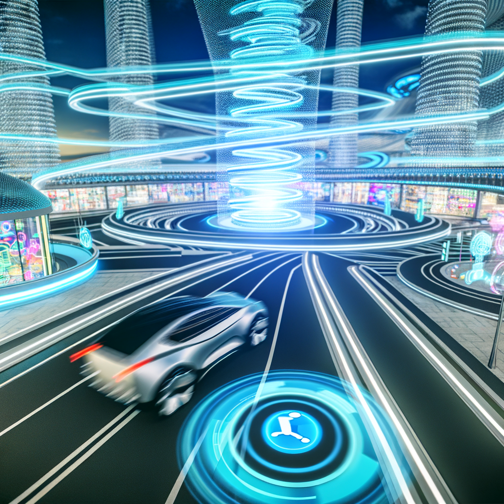 AI-driven car navigates futuristic smart city.