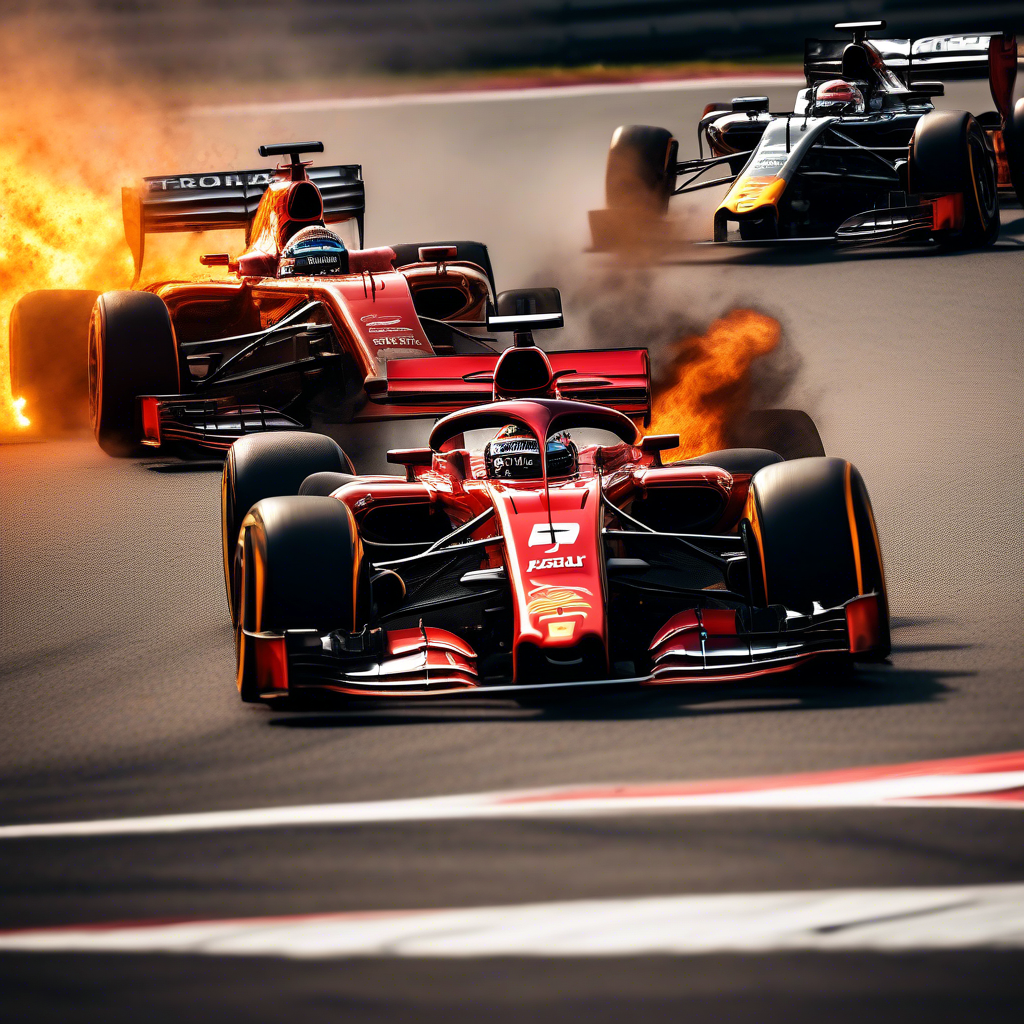 Blazing F1 cars race to victory.