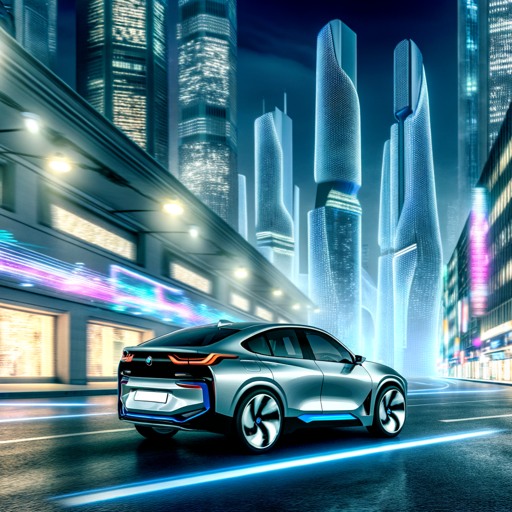 BMW iX cruising through futuristic cityscape.