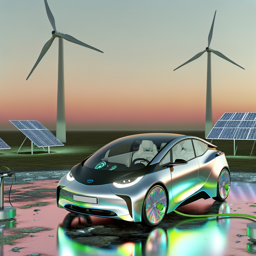 Electric car amidst tech, green innovation.