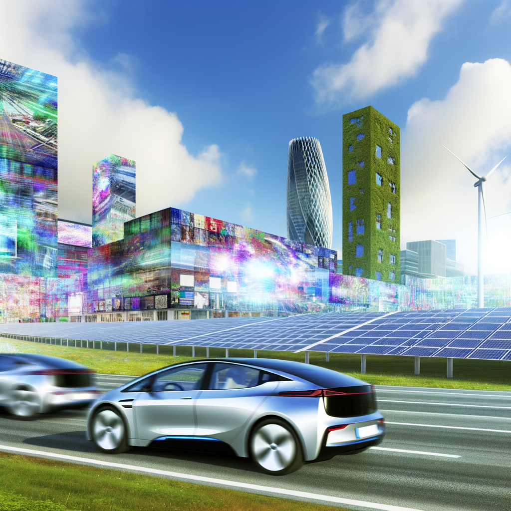 Electric cars, digital screens, green innovation.