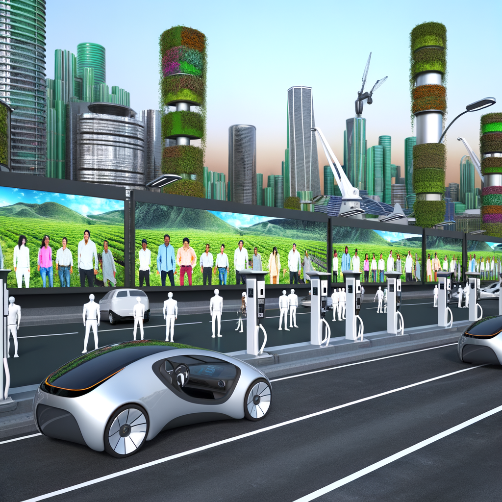 Electric cars, futuristic tech, green innovation.