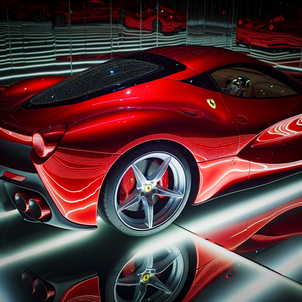 Ferrari supercar glistening in futuristic showroom.