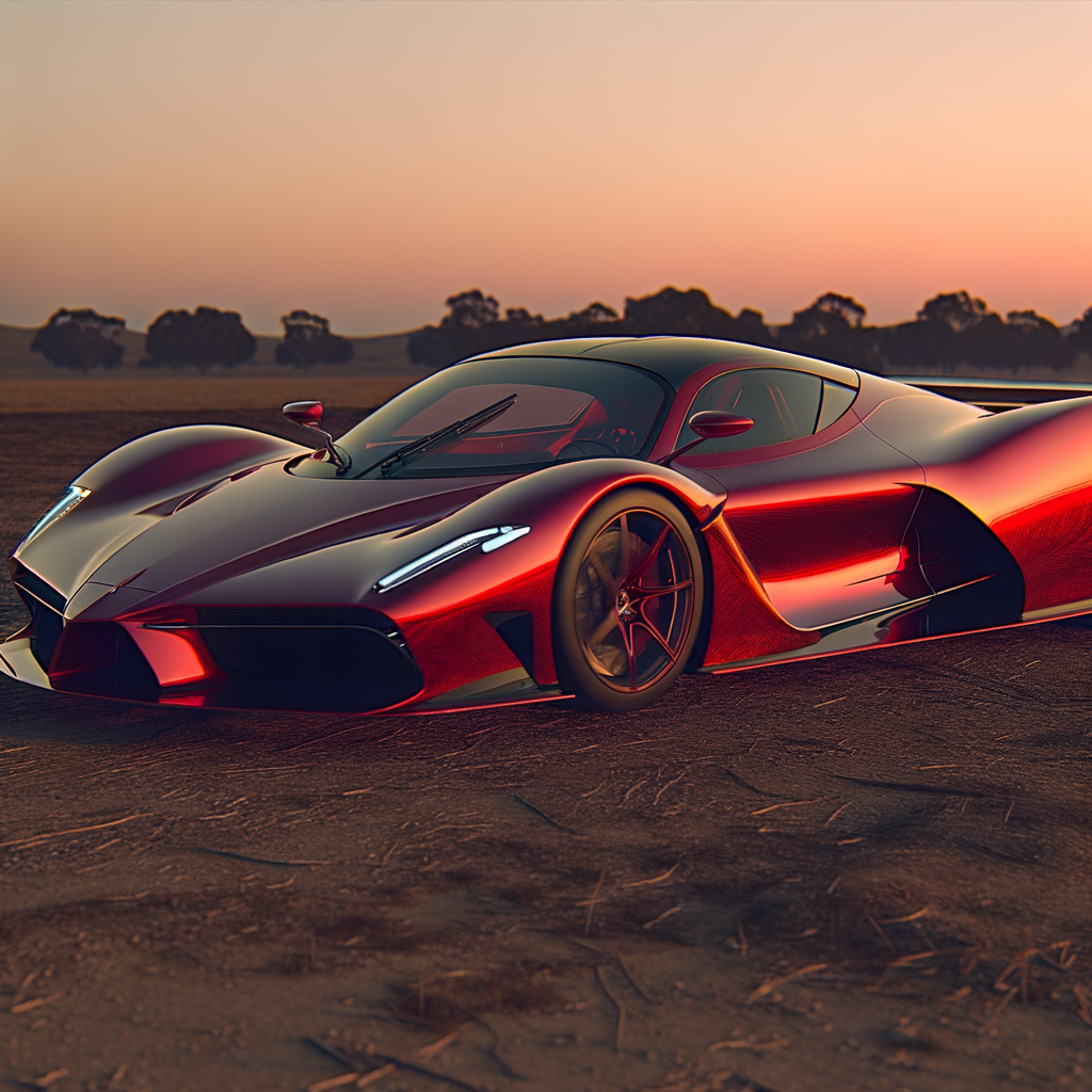 Ferrari supercar glistening in sunset light.