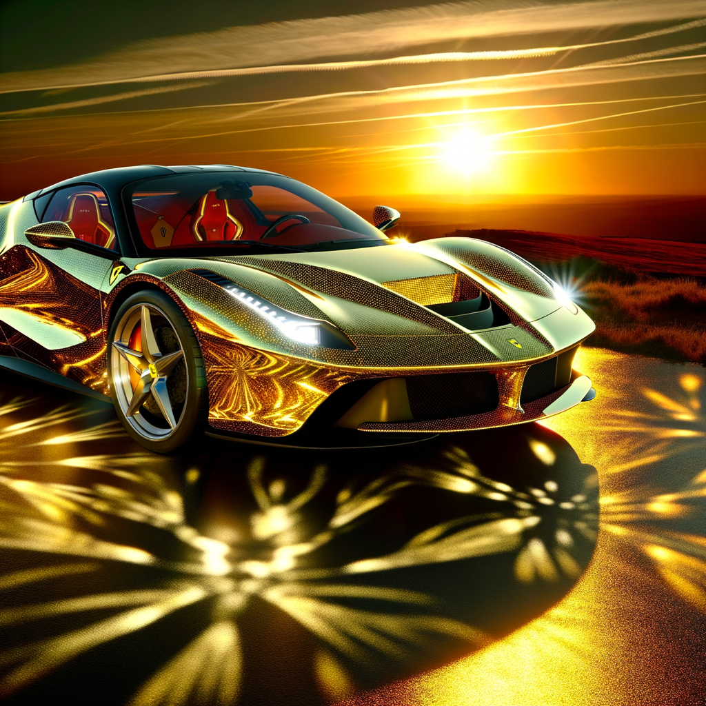 Ferrari supercar glistens in golden sunset.