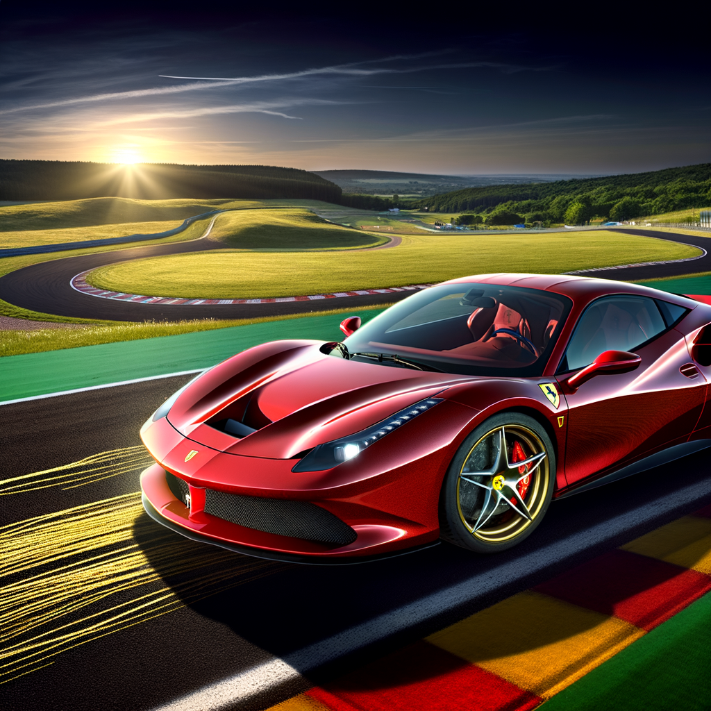 Ferrari supercar on a scenic racetrack.