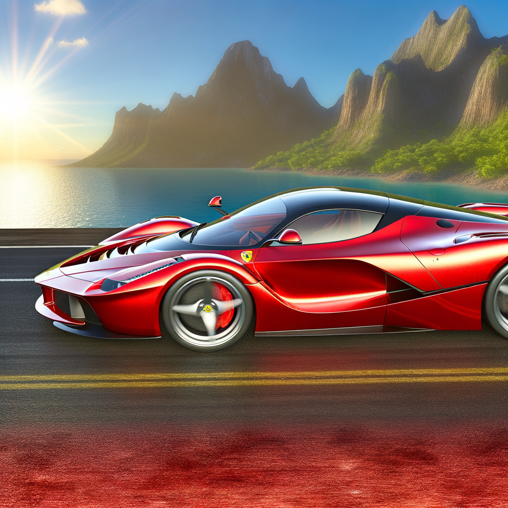 Ferrari supercar speeding down scenic highway.