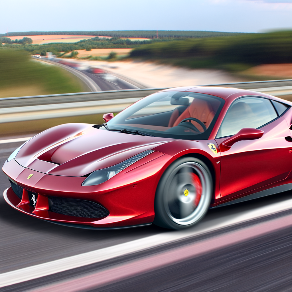 Ferrari supercar speeding down scenic highway.