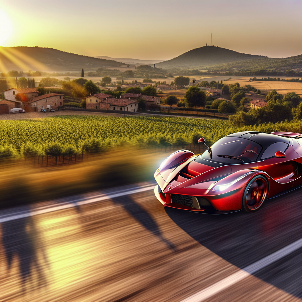 Ferrari supercar speeding through Italian countryside.