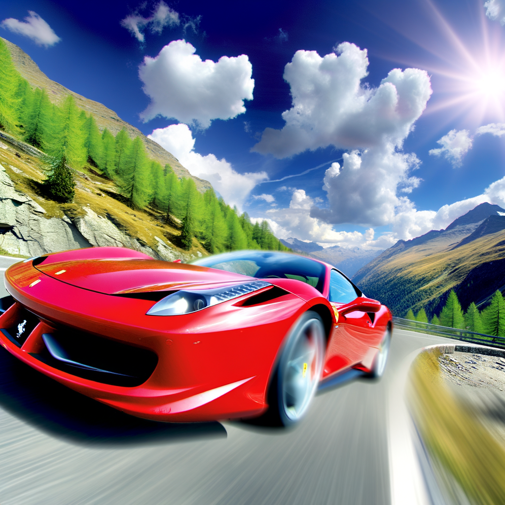 Ferrari supercar speeding through picturesque mountains.