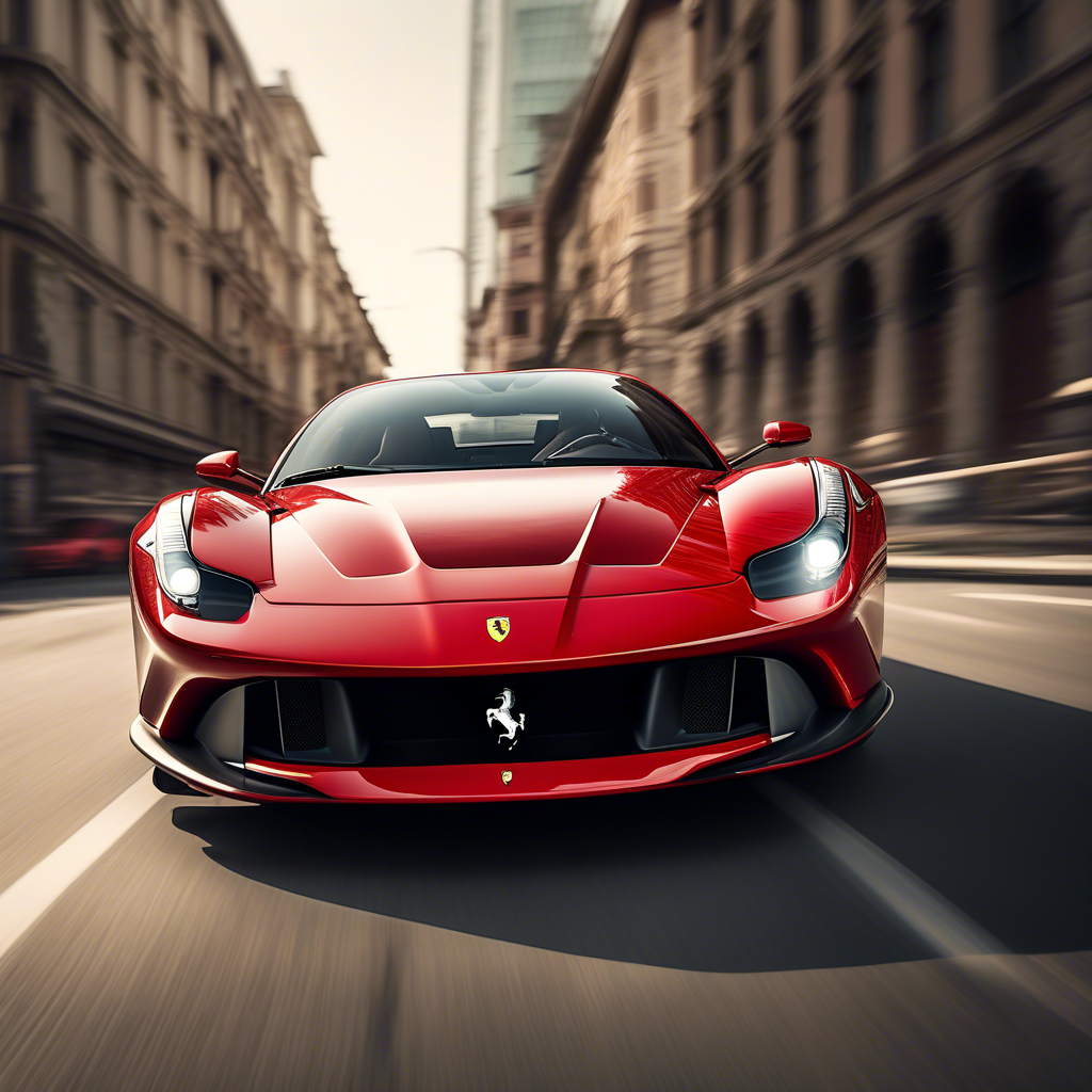 Ferrari's latest model speeding through city.