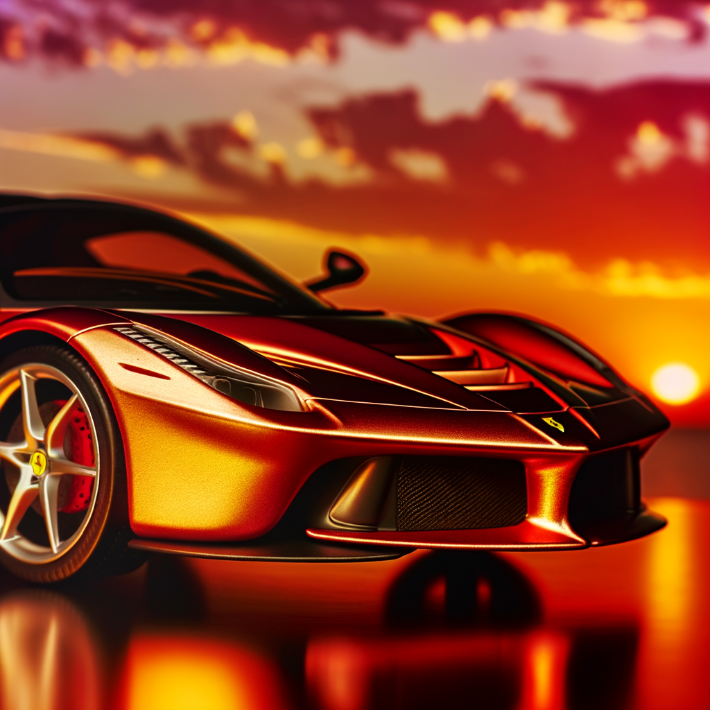 Ferrari’s supercar gleaming under sunset sky.