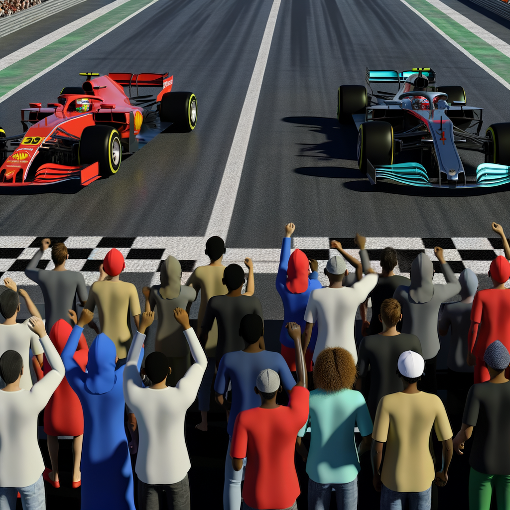 Formula 1 cars race, crowd cheers.