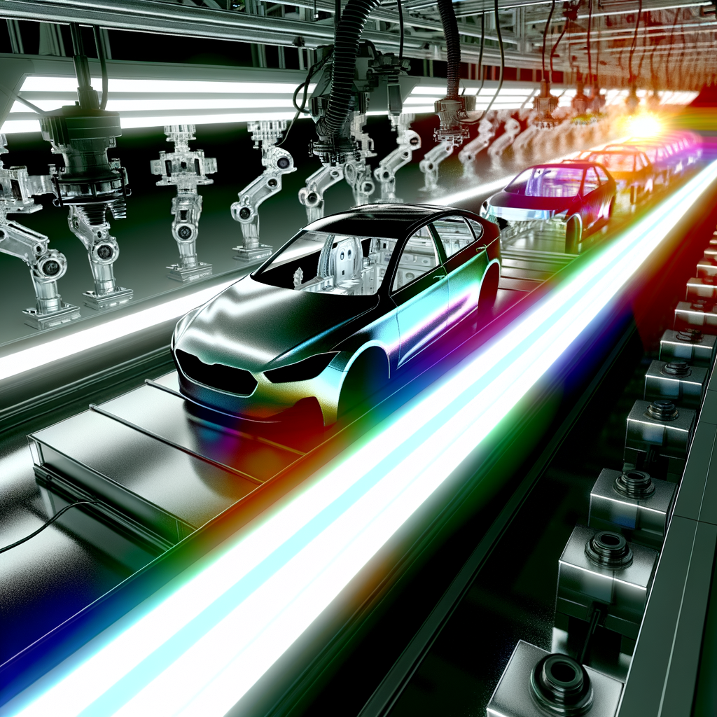 Futuristic car assembly line under bright lights.