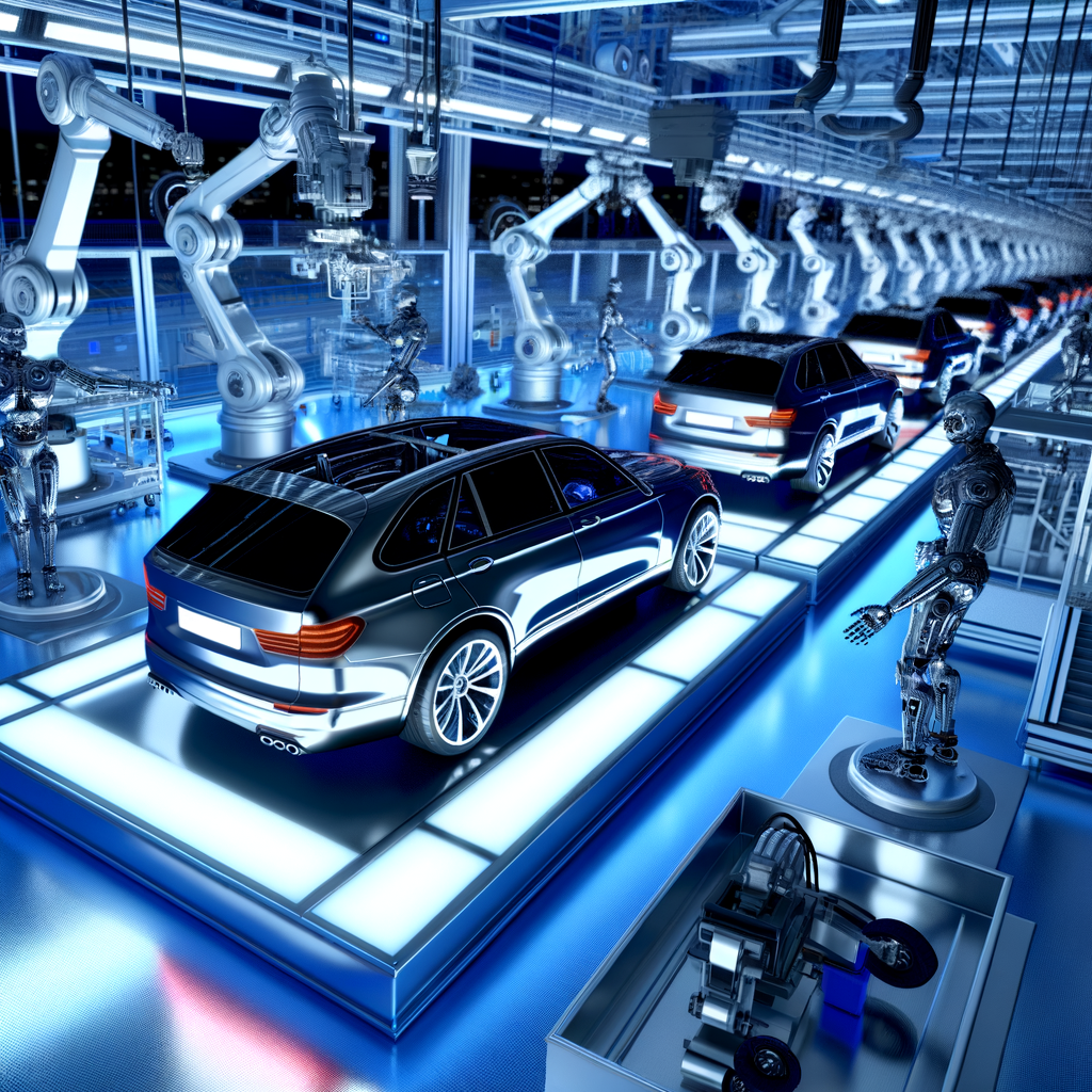 Futuristic cars assembling in high-tech factory.