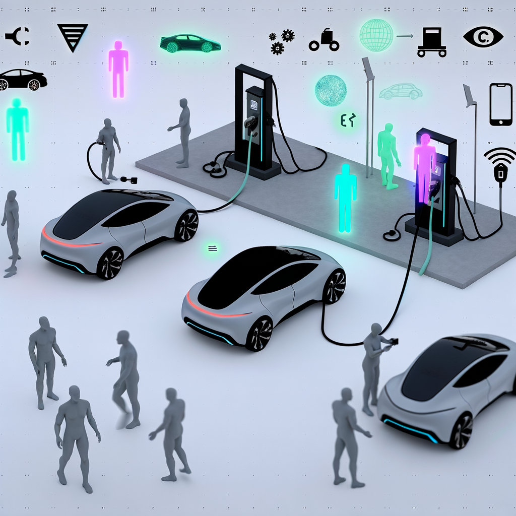 Futuristic cars charging, AI and IoT symbols.