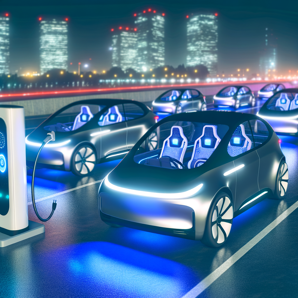 Futuristic cars charging, driving autonomously connected.