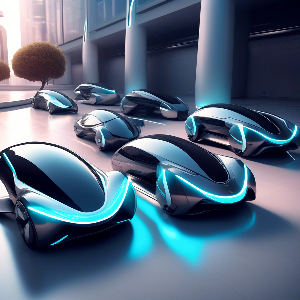 Futuristic cars charging, showcasing sleek designs.