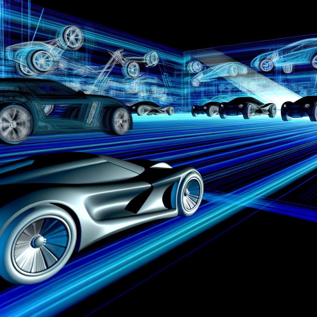 Futuristic cars emerging from digital blueprint.