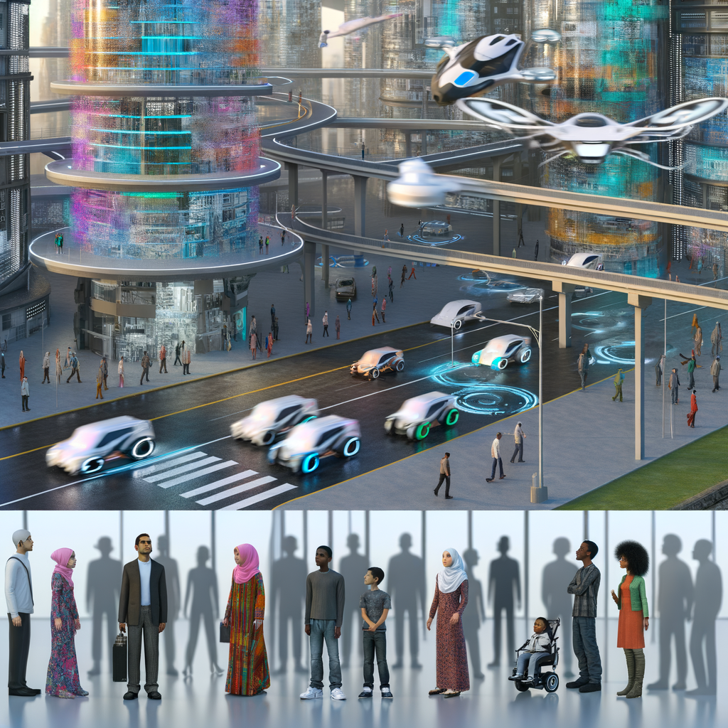 Futuristic cityscape with diverse mobility solutions.