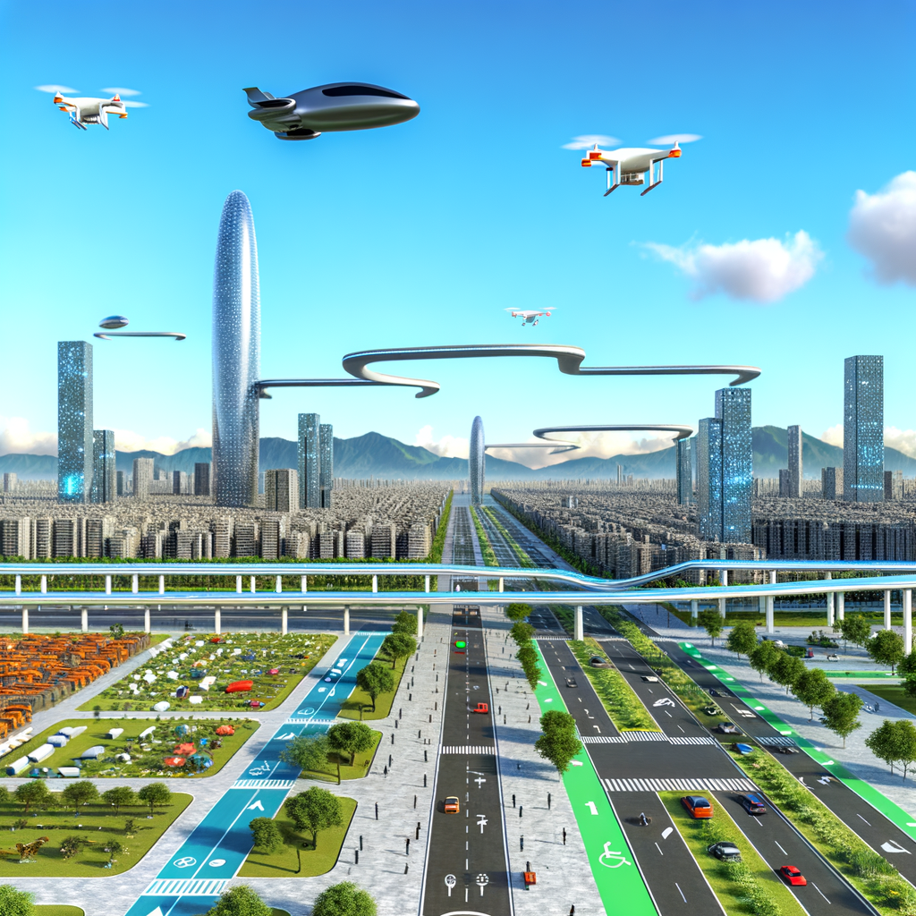 Futuristic cityscape with diverse mobility solutions.