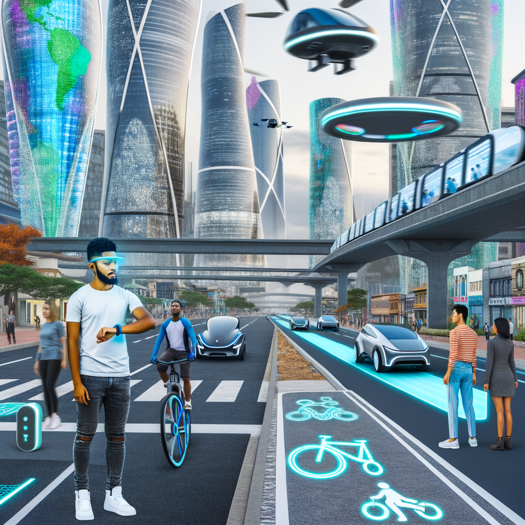 Futuristic cityscape with diverse mobility solutions.