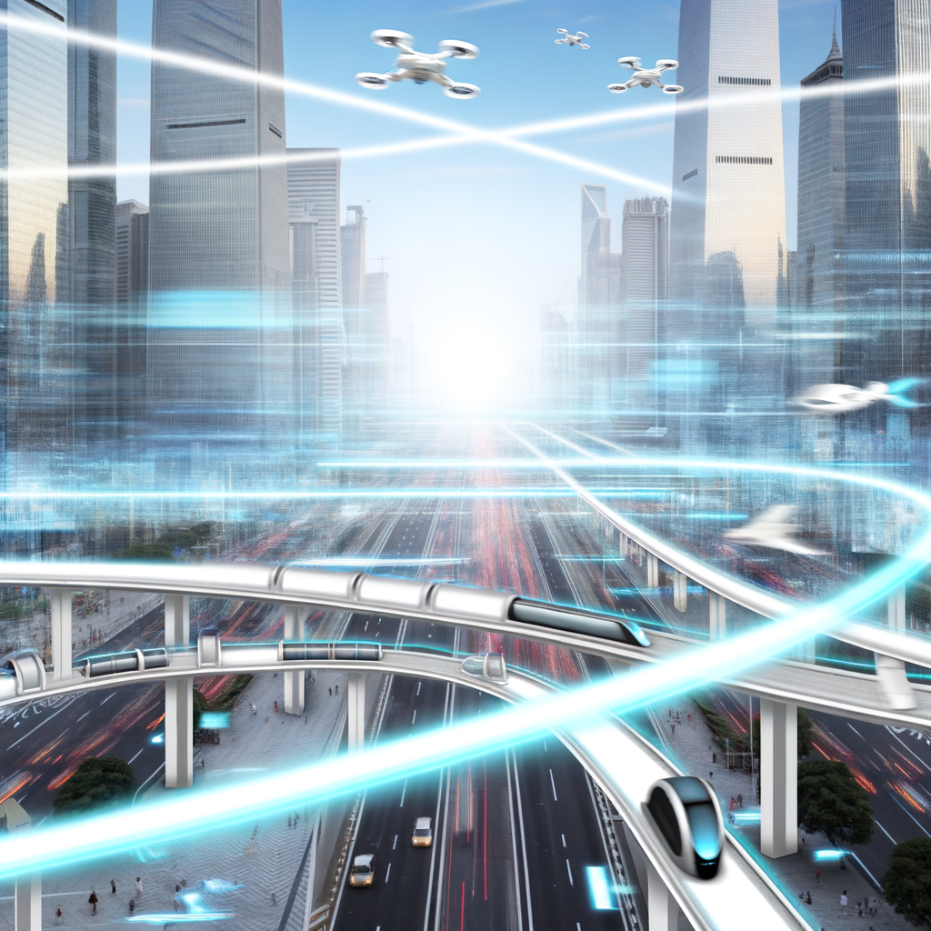 Futuristic cityscape with diverse mobility solutions.