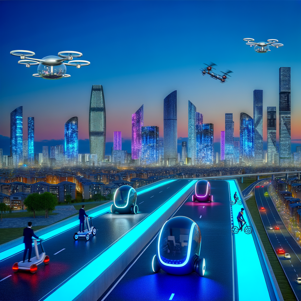 Futuristic cityscape with diverse mobility solutions.