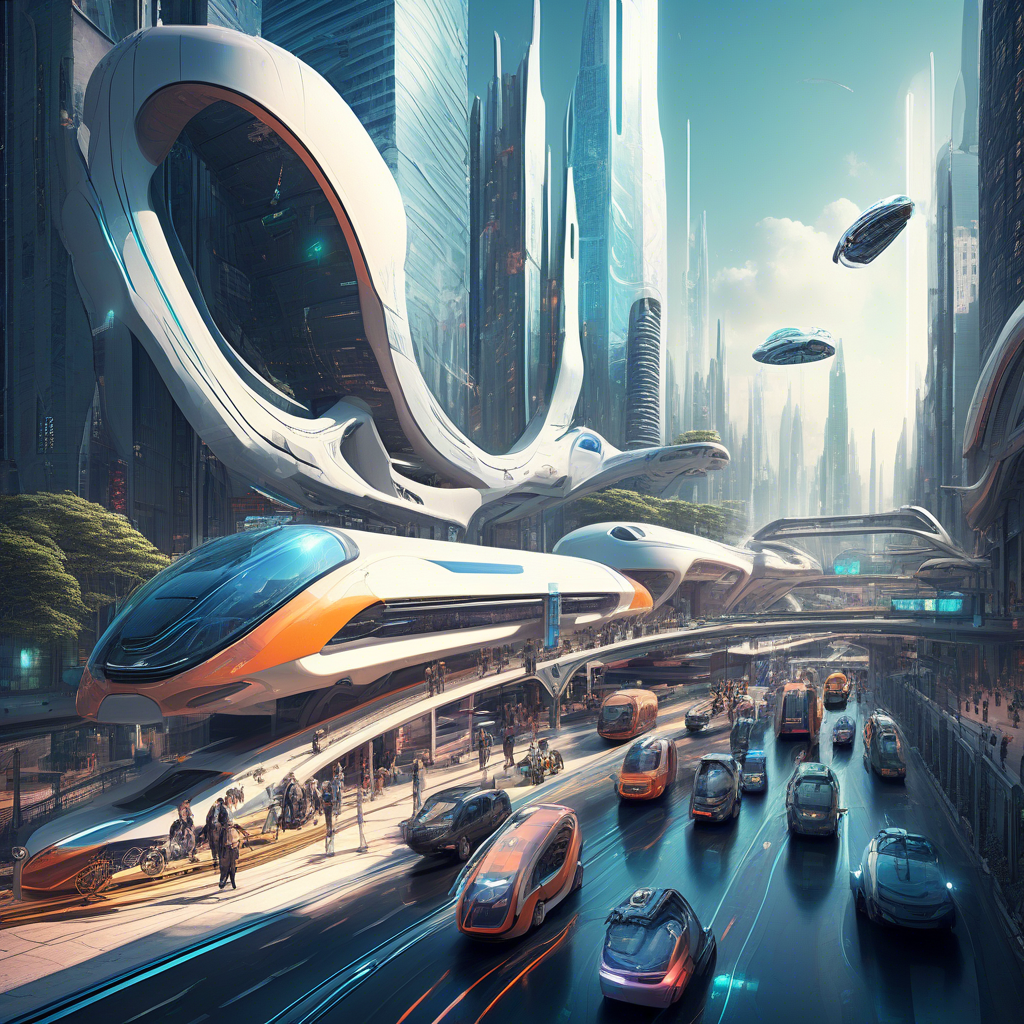 Futuristic cityscape with diverse transportation modes.