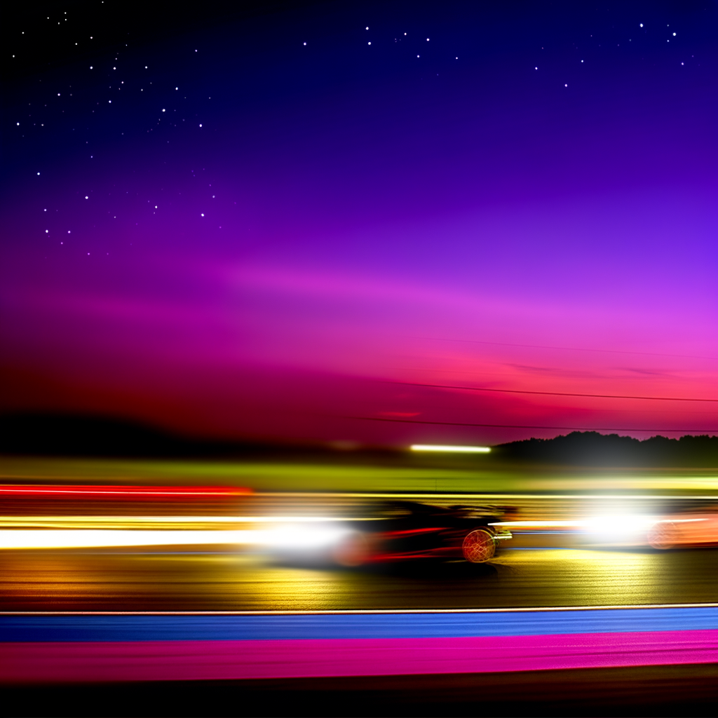 High-speed cars streak under twilight sky.