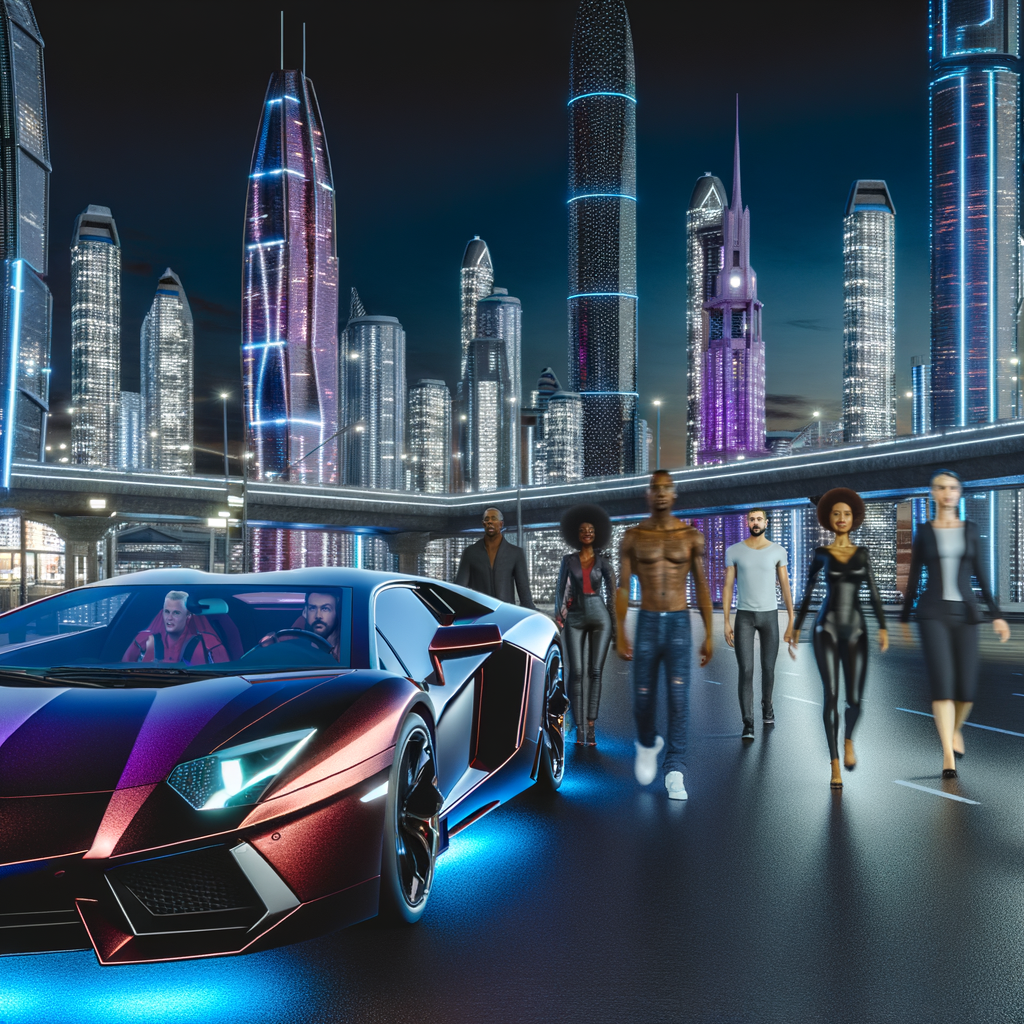 Lamborghini Aventador cruising futuristic urban landscape.