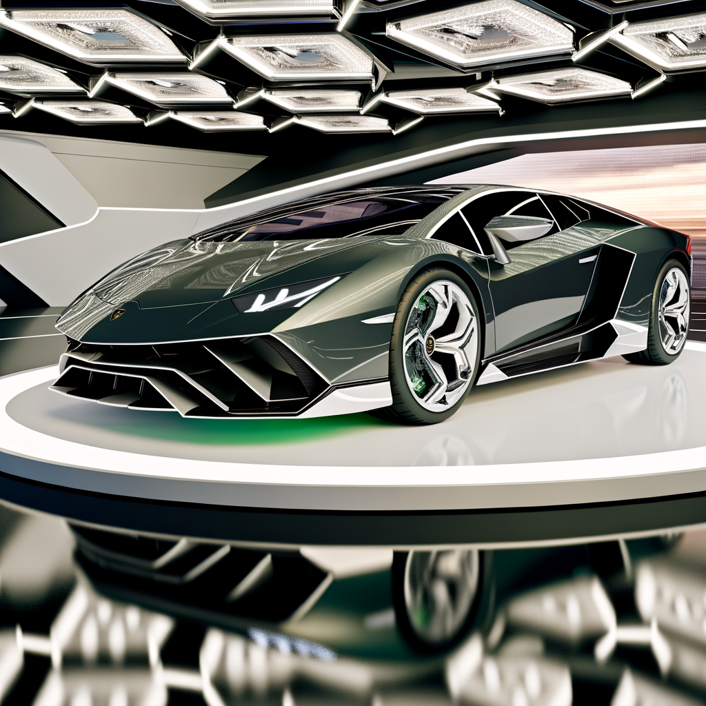 Lamborghini hybrid supercar in futuristic showroom.