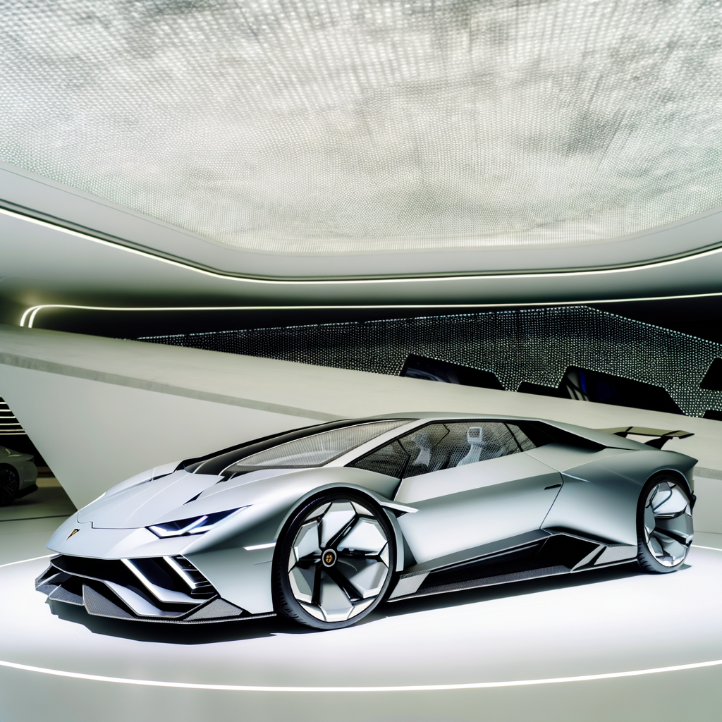 Lamborghini hybrid supercar in futuristic showroom.