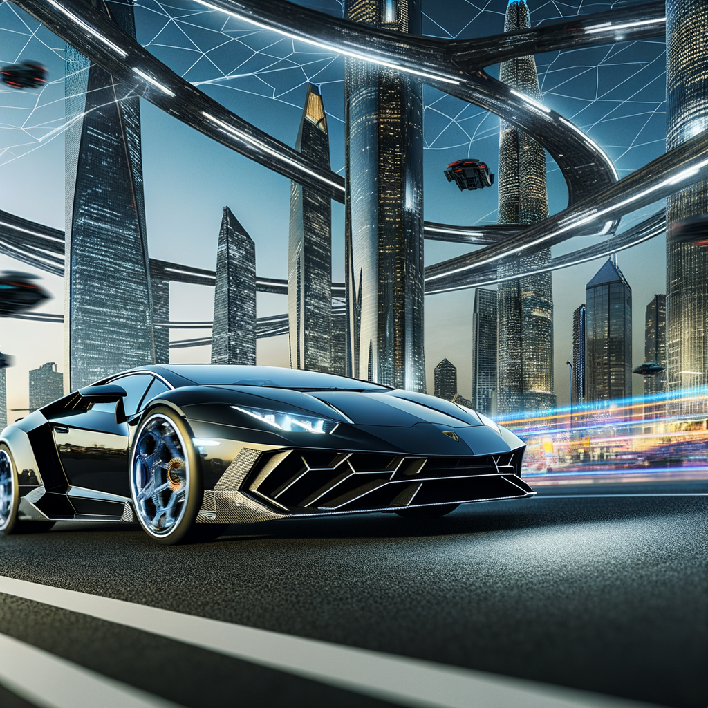 Lamborghini supercar on futuristic city streets.