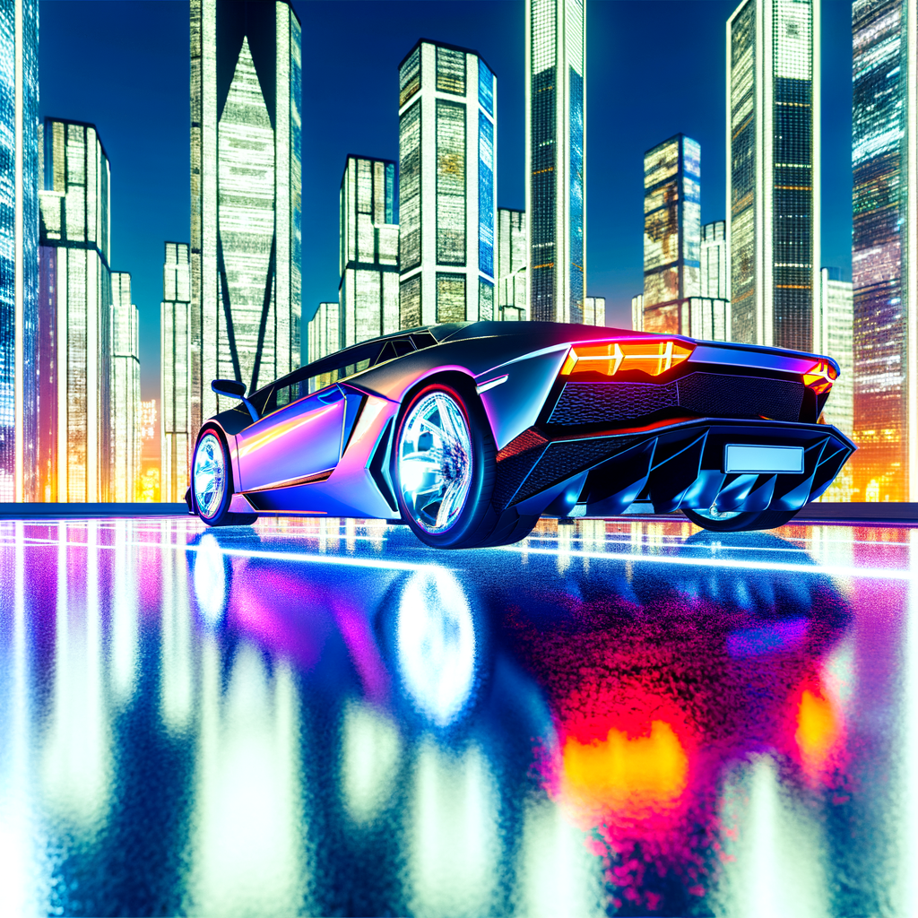 Lamborghini supercar on futuristic urban street.