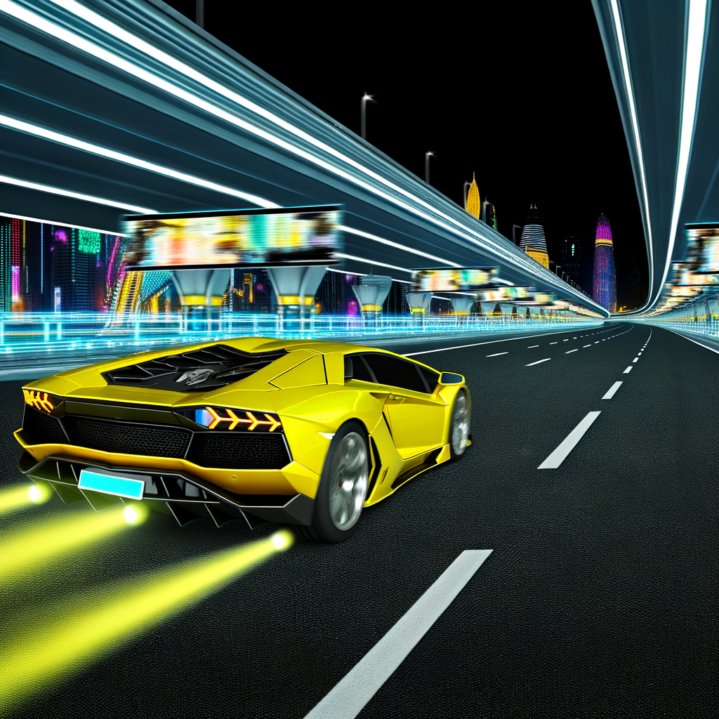 Lamborghini supercar speeding down futuristic highway.