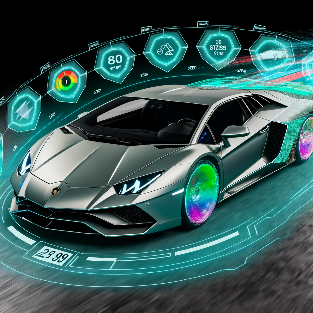 Lamborghini supercar with futuristic AI overlay.