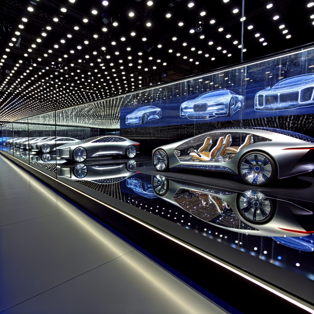 Luxury cars spotlighted at futuristic auto show.