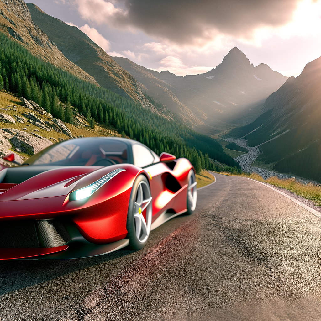 Red Ferrari supercar on scenic mountain road.