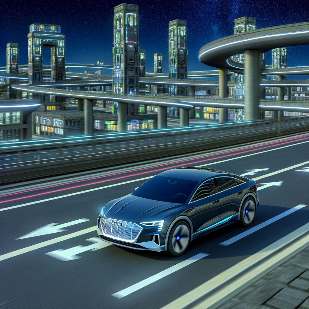 Sleek Audi e-tron on futuristic highway.