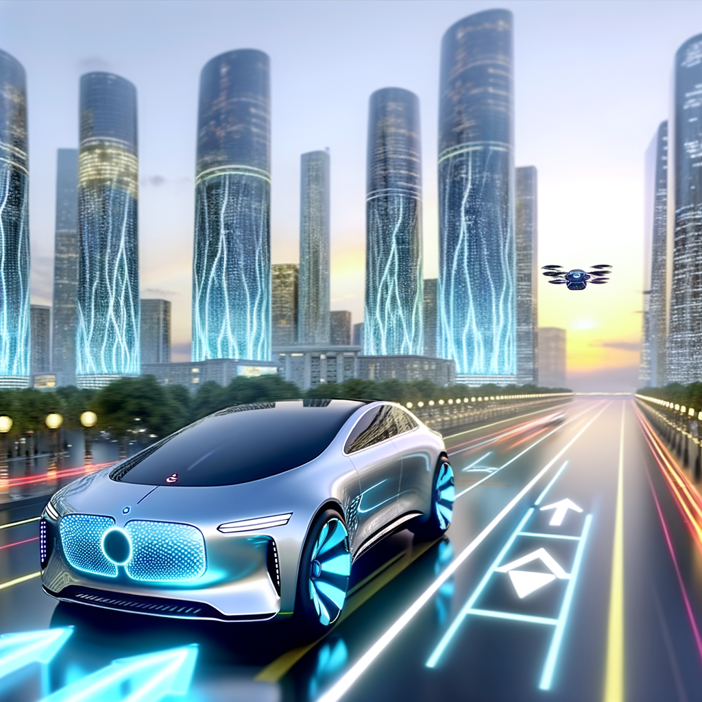 BMW AI-driven car on futuristic road.