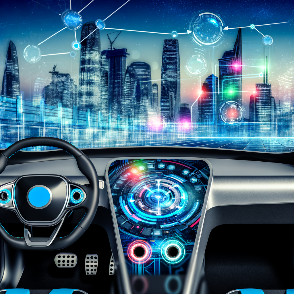 Electric car, AI, connectivity, futuristic dashboard.