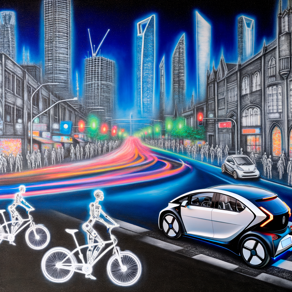 Electric cars and bikes illuminate cityscape.