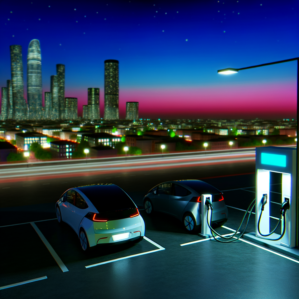 Electric cars charging, city skyline background.