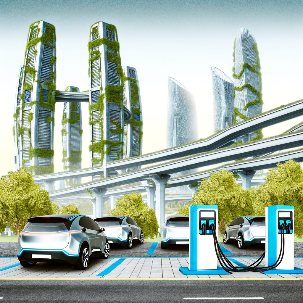 Electric cars charging, futuristic city backdrop.