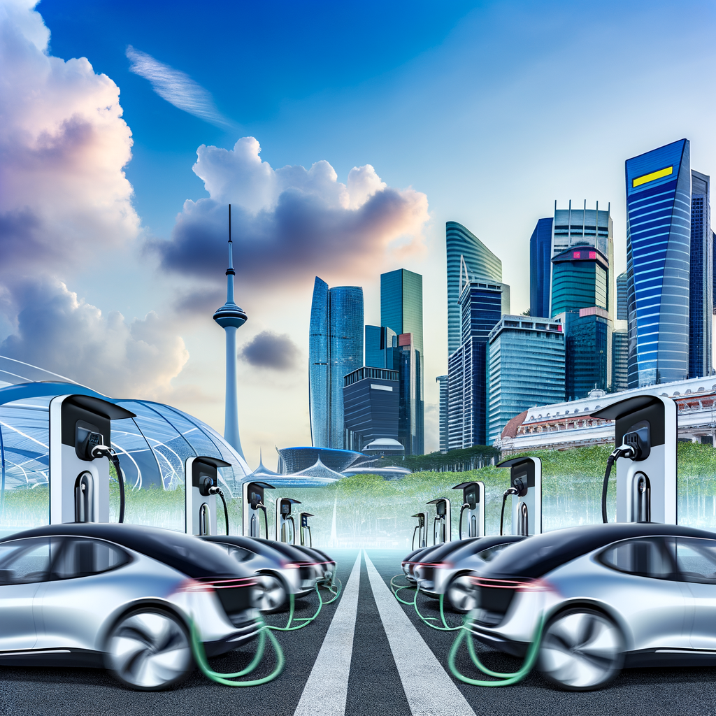 Electric cars charging, futuristic city skyline.