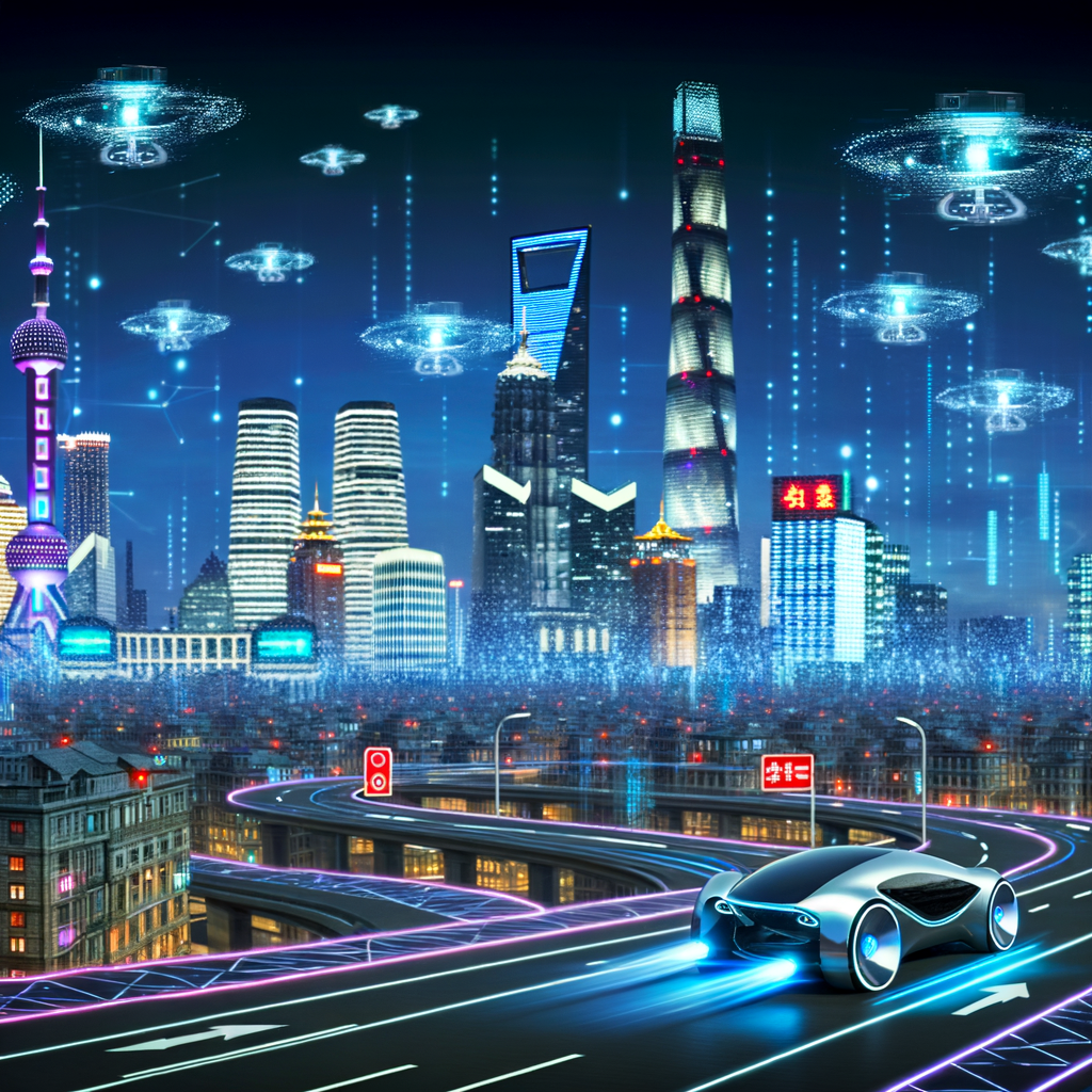 Electric cars navigate futuristic Shanghai skyline.